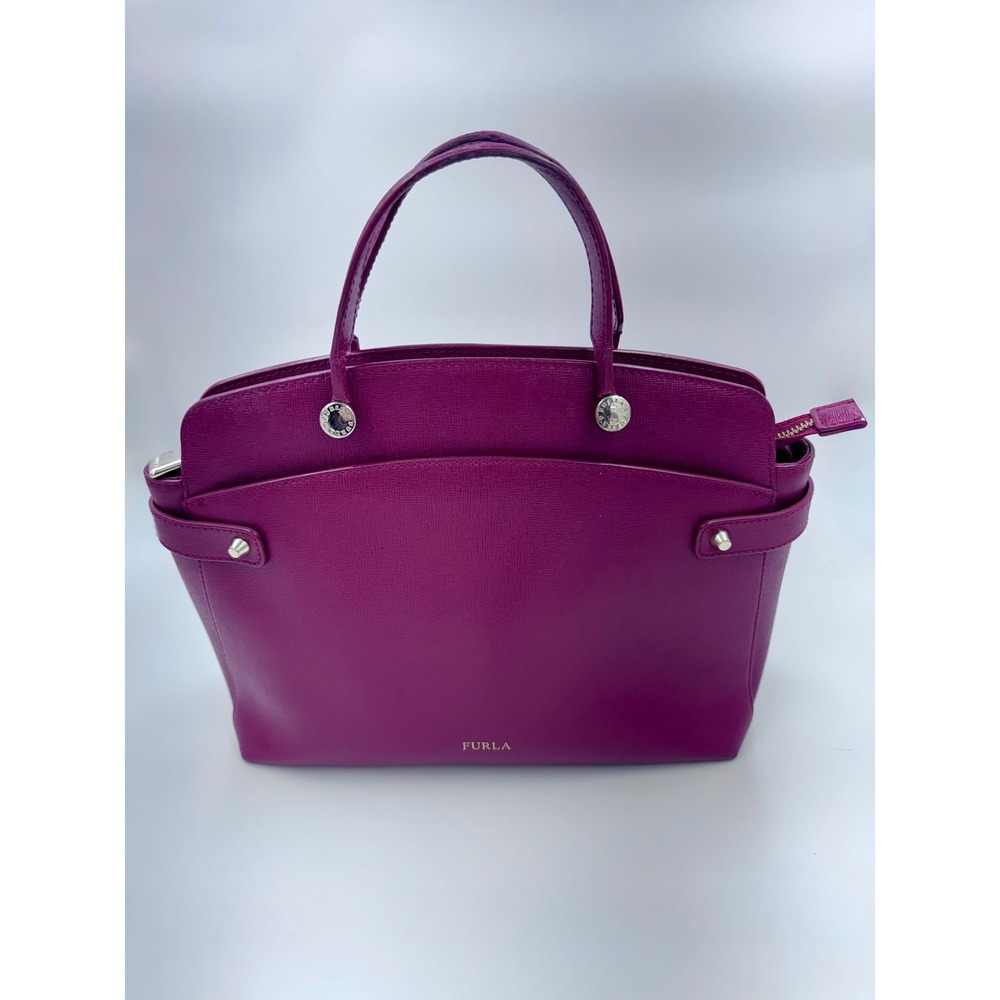 Furla Agatha Saffiano Leather Satchel Handbag Deep Red Berry Gold Hardware
